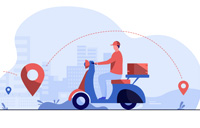 Courier shipping package at moped flat vector illustration